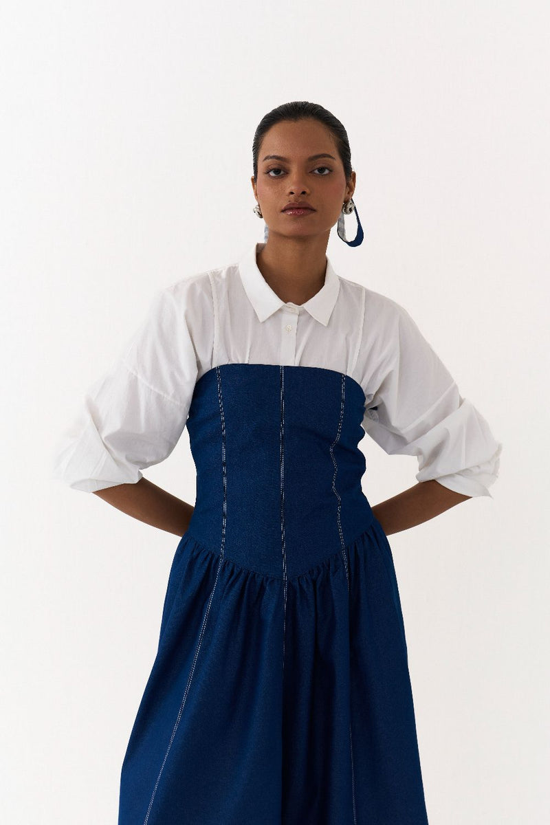 CORSET DRESS CO ORD
(SET OF 2)-DENIM BLUE & WHITE 100% cotton by THREE in blue color for women Worldwide