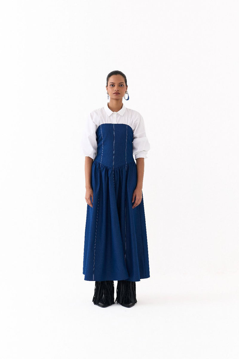 CORSET DRESS CO ORD
(SET OF 2)-DENIM BLUE & WHITE 100% cotton by THREE in blue color for women Worldwide
