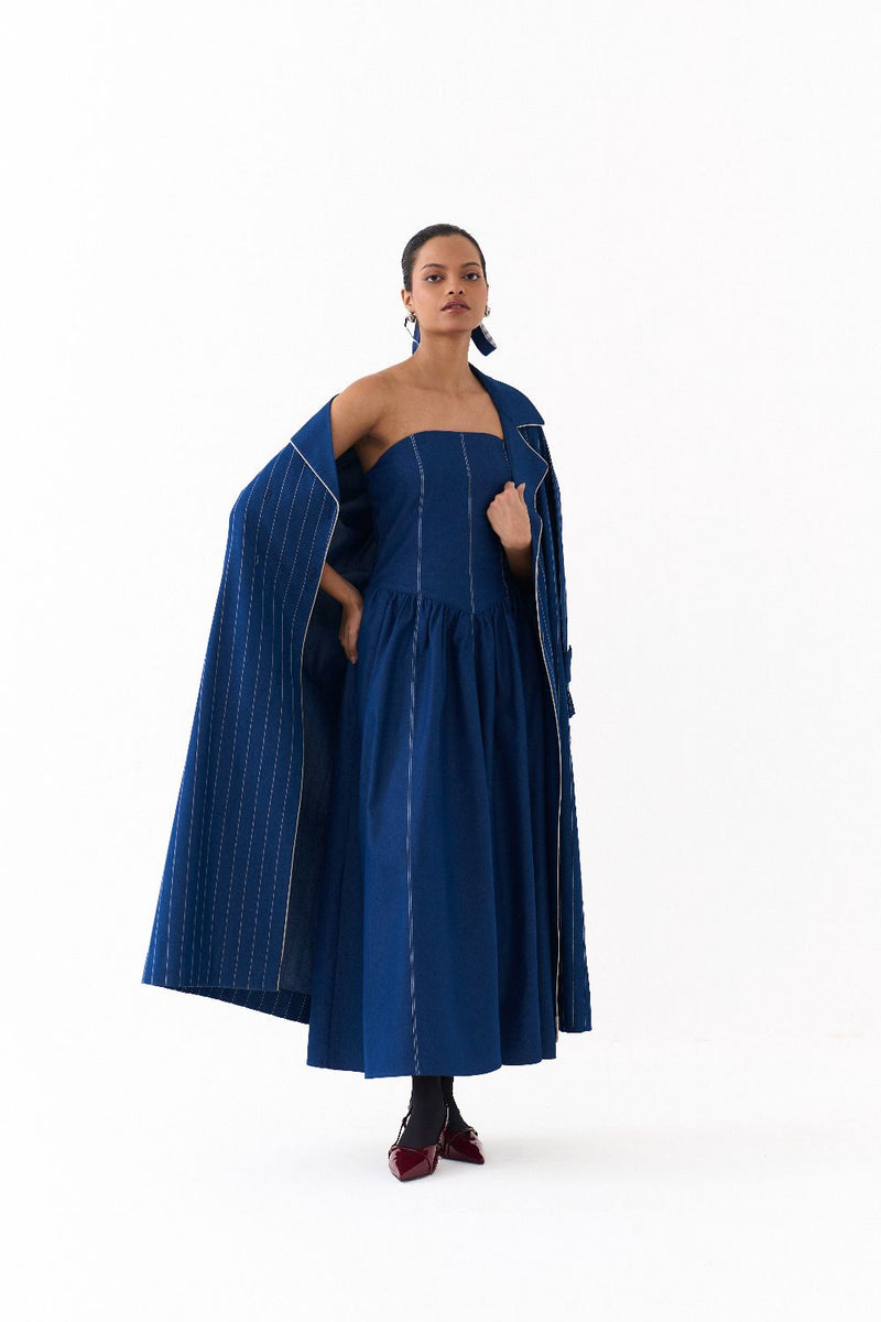 CORSET DRESS CO ORD
(SET OF 2)-DENIM BLUE by THREE in blue color for women Worldwide