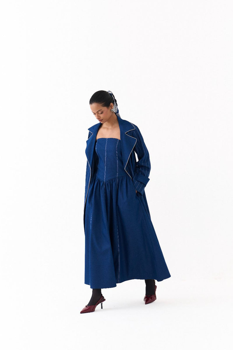 CORSET DRESS CO ORD
(SET OF 2)-DENIM BLUE by THREE in blue color for women Worldwide