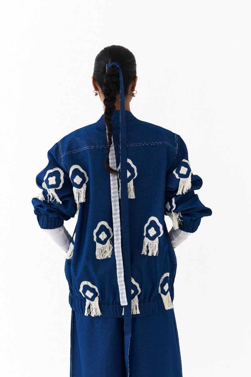 FRINGE BOMBER CO ORD (SET OF 2)-DENIM BLUE by THREE in blue color for women Worldwide