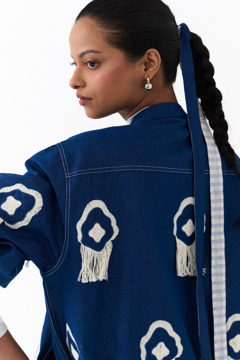 FRINGE BOMBER -DENIM BLUE by THREE in blue color for women Worldwide