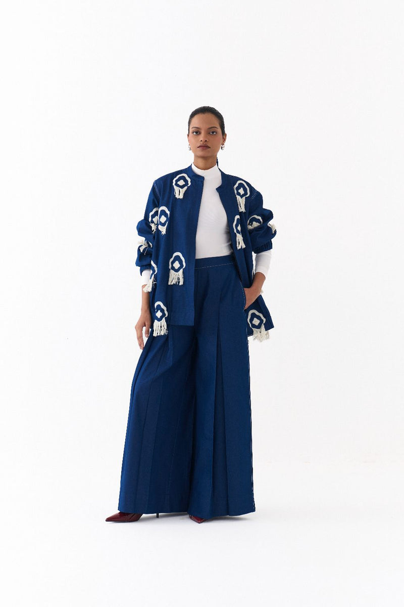FRINGE BOMBER CO ORD (SET OF 2)-DENIM BLUE by THREE in blue color for women Worldwide