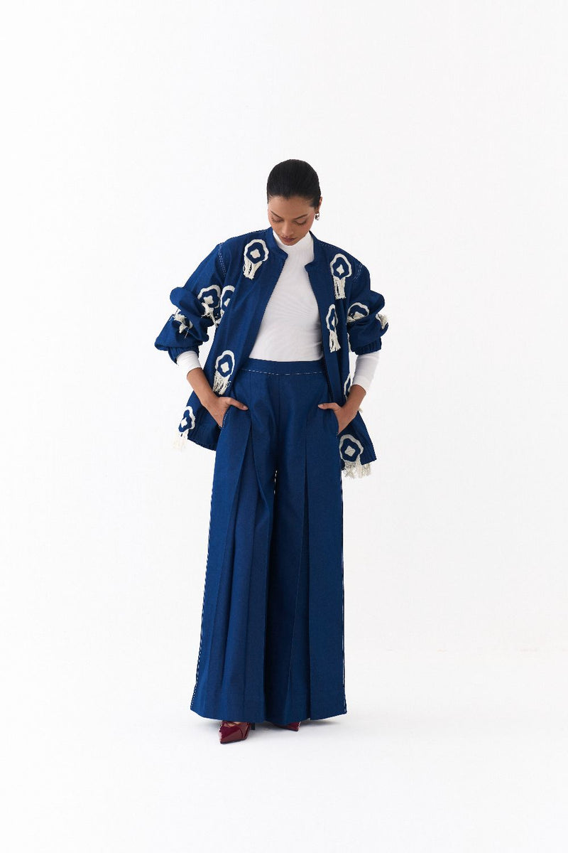 FRINGE BOMBER CO ORD (SET OF 2)-DENIM BLUE by THREE in blue color for women Worldwide