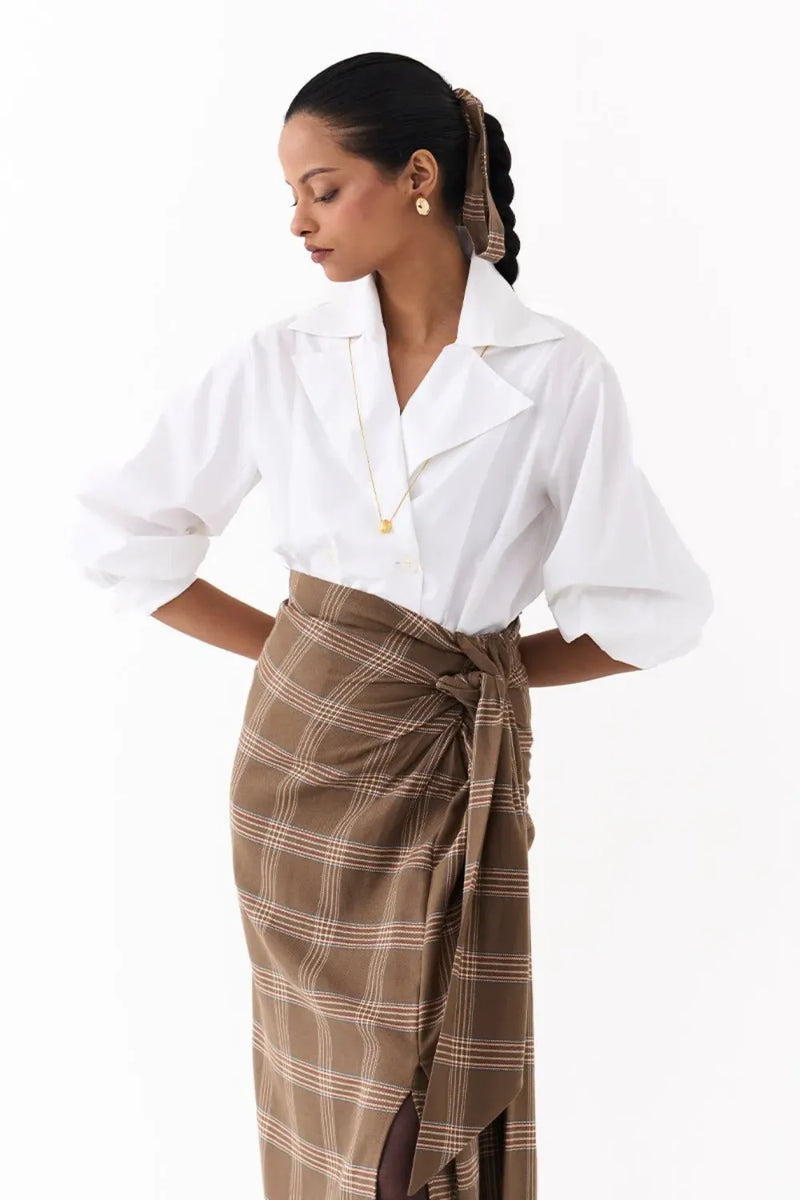 TWIST SKIRT CO ORD (SET OF 2)-CEDAR & WHITE 100% cotton by THREE for women Worldwide