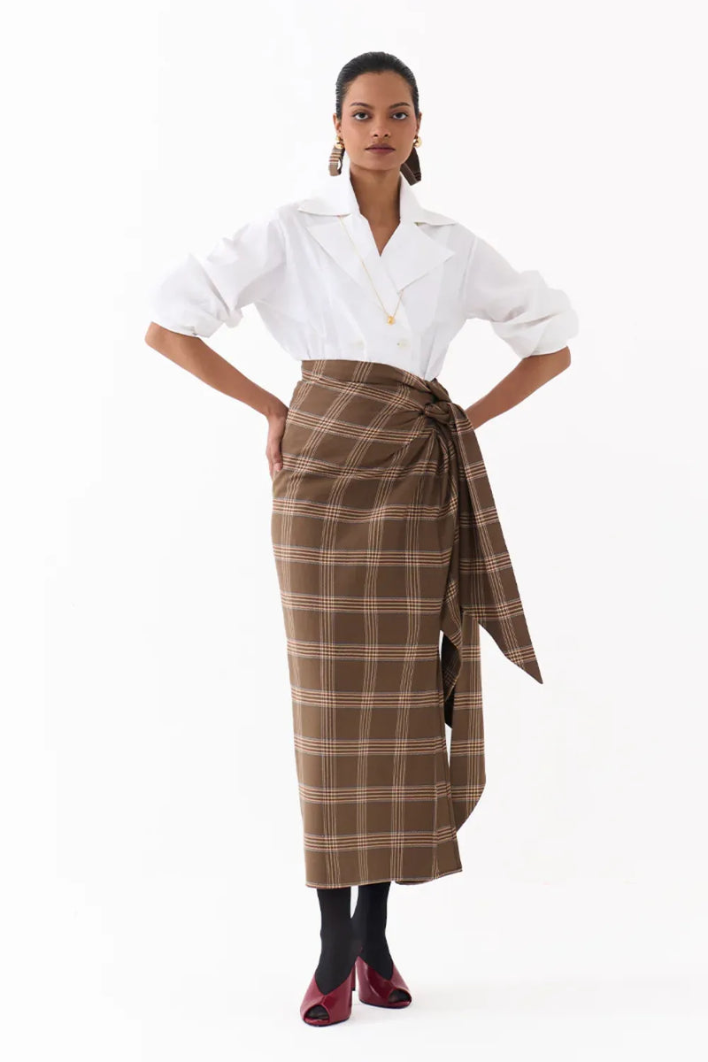 TWIST SKIRT CO ORD (SET OF 2)-CEDAR & WHITE 100% cotton by THREE for women Worldwide