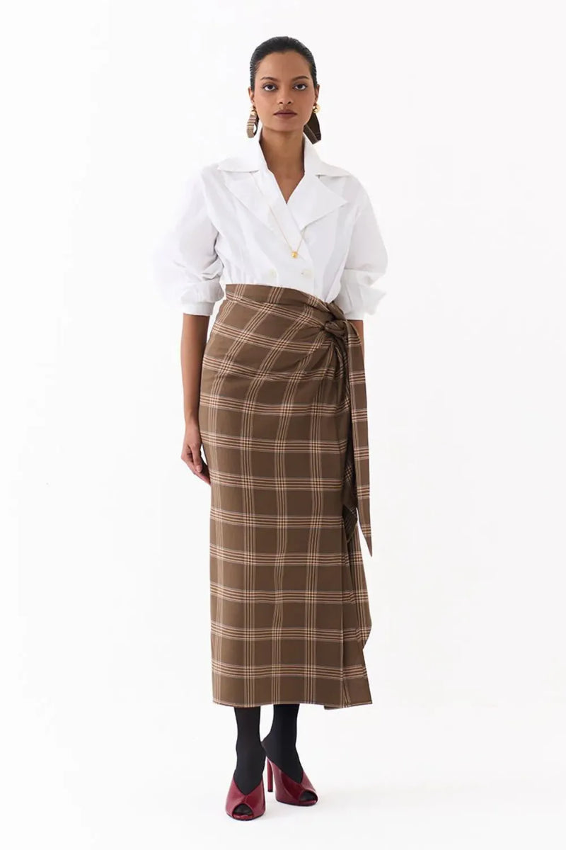 TWIST SKIRT CO ORD (SET OF 2)-CEDAR & WHITE 100% cotton by THREE for women Worldwide