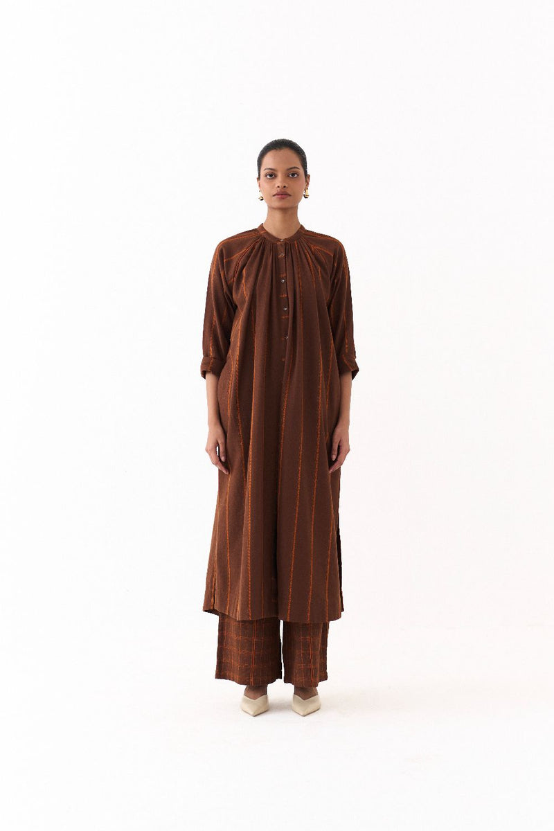GATHER NECK CO ORD (SET OF 2)-BROWN AND RUST STRIPE by THREE in brown color for women Worldwide
