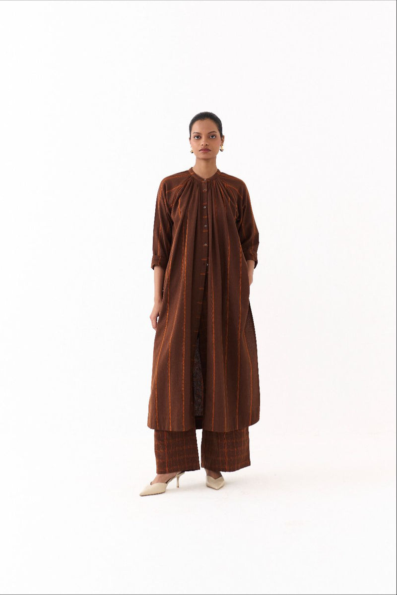 GATHER NECK CO ORD (SET OF 2)-BROWN AND RUST STRIPE by THREE in brown color for women Worldwide