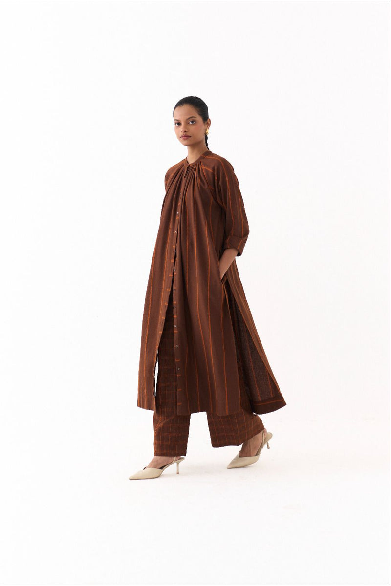 GATHER NECK CO ORD (SET OF 2)-BROWN AND RUST STRIPE by THREE in brown color for women Worldwide