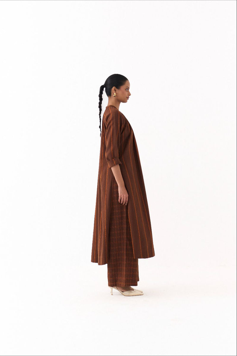GATHER NECK CO ORD (SET OF 2)-BROWN AND RUST STRIPE by THREE in brown color for women Worldwide