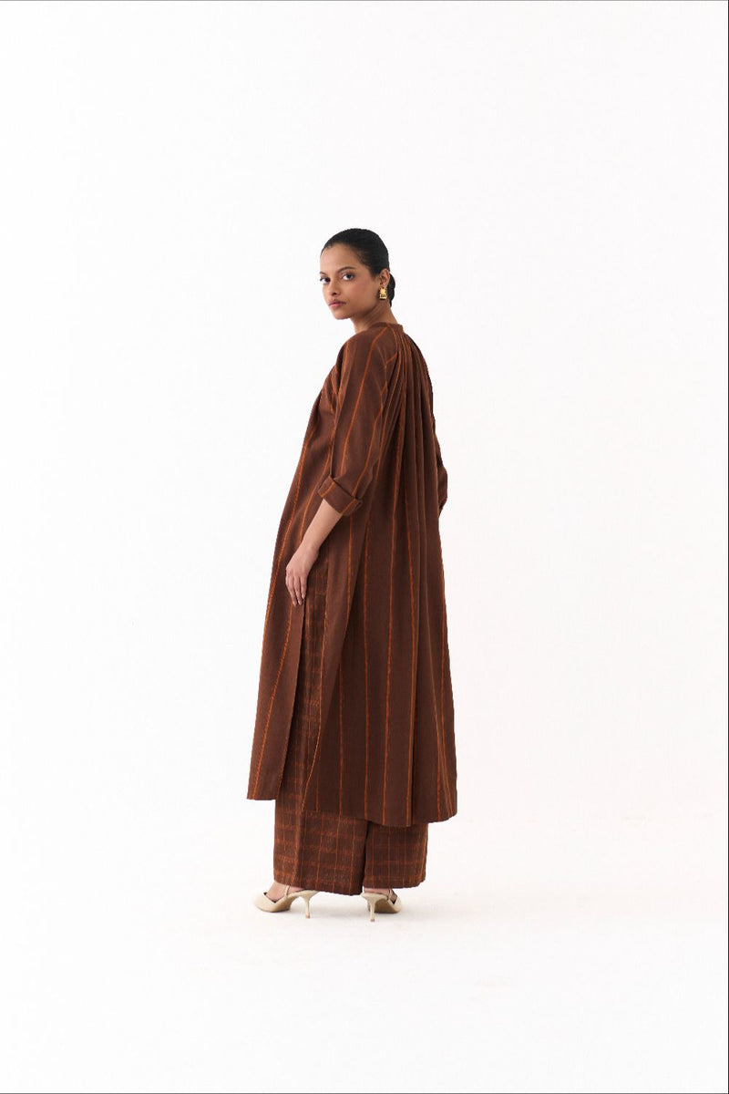 GATHER NECK CO ORD (SET OF 2)-BROWN AND RUST STRIPE by THREE in brown color for women Worldwide