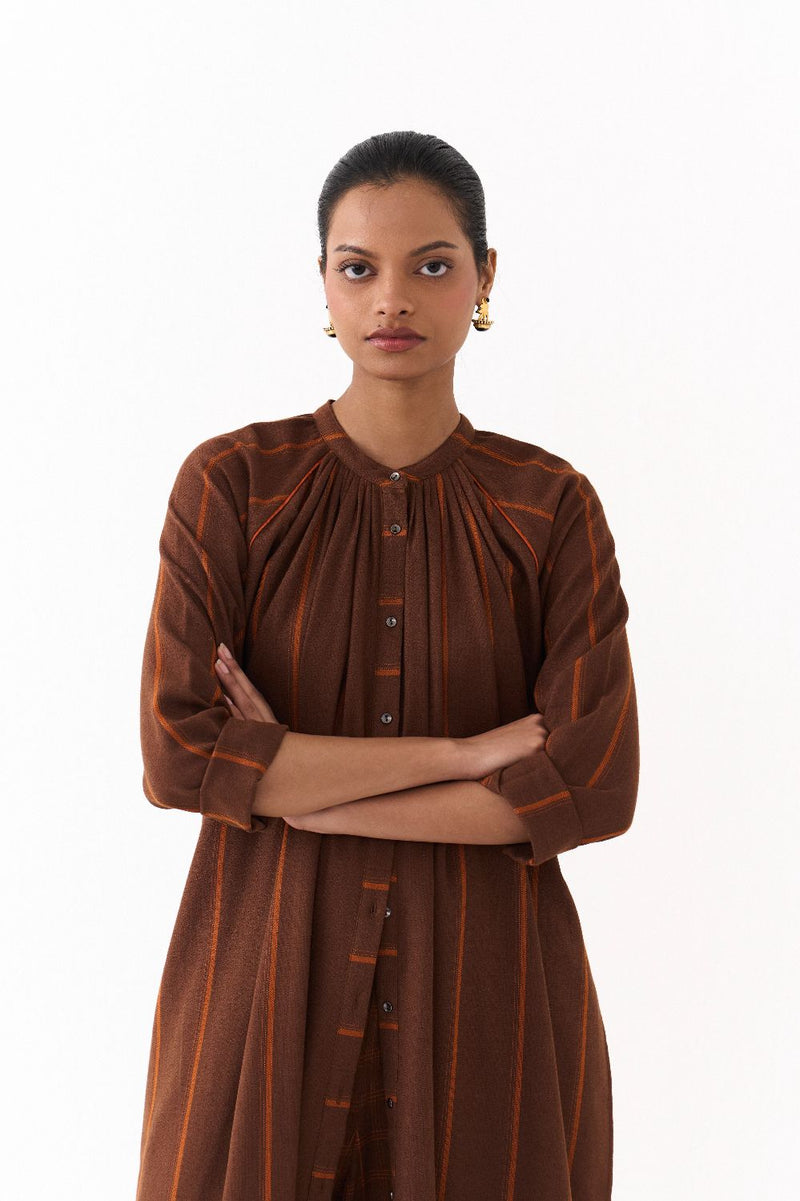GATHER NECK CO ORD (SET OF 2)-BROWN AND RUST STRIPE by THREE in brown color for women Worldwide