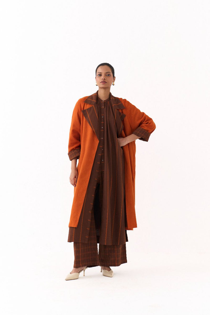 TRENCH JACKET-RUST; 
BROWN AND RUST STRIPE AND 
BROWN AND RUST CHECK mul by THREE in multi color for women Worldwide