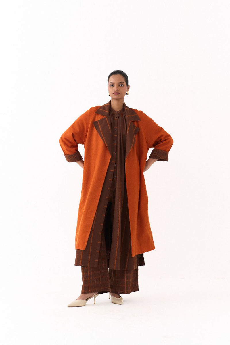 TRENCH JACKET-RUST; 
BROWN AND RUST STRIPE AND 
BROWN AND RUST CHECK mul by THREE in multi color for women Worldwide