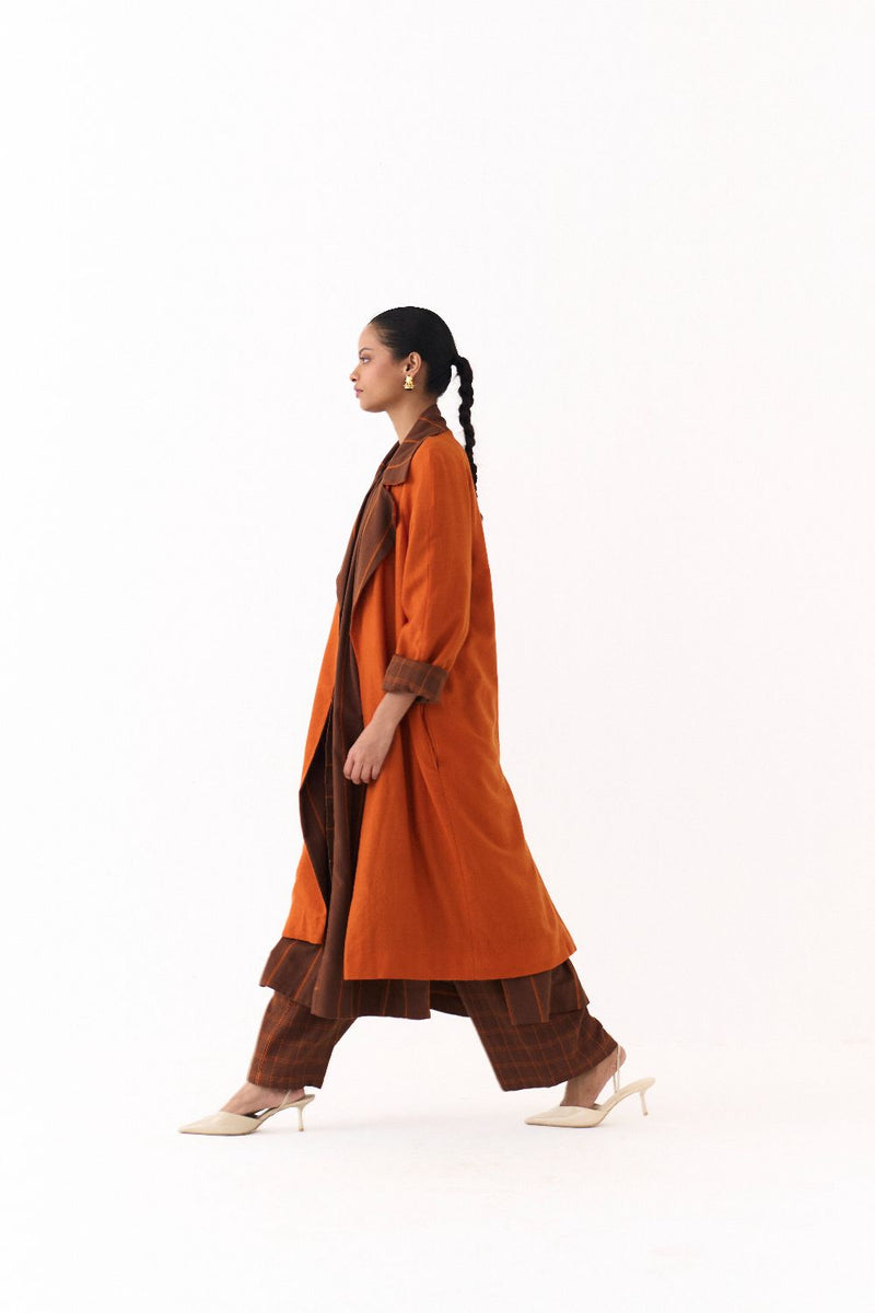 TRENCH JACKET CO ORD (SET OF 3)-BROWN AND RUST STRIPE by THREE in brown color for women Worldwide