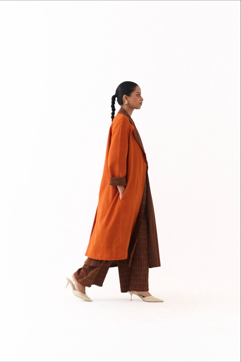 TRENCH JACKET-RUST; 
BROWN AND RUST STRIPE AND 
BROWN AND RUST CHECK mul by THREE in multi color for women Worldwide