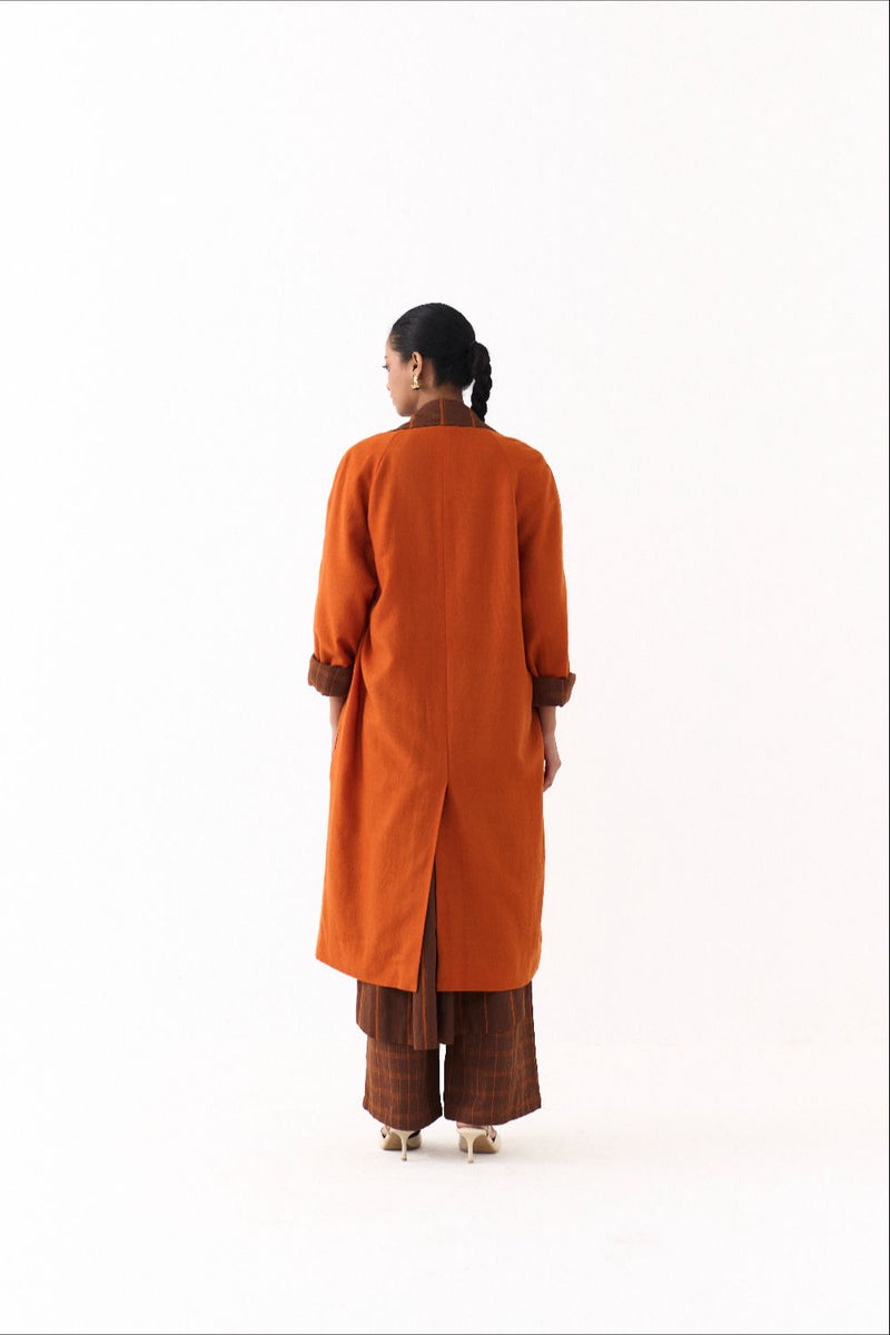 TRENCH JACKET-RUST; 
BROWN AND RUST STRIPE AND 
BROWN AND RUST CHECK mul by THREE in multi color for women Worldwide
