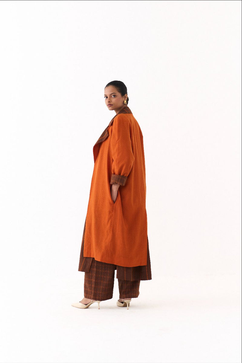 TRENCH JACKET-RUST; 
BROWN AND RUST STRIPE AND 
BROWN AND RUST CHECK mul by THREE in multi color for women Worldwide