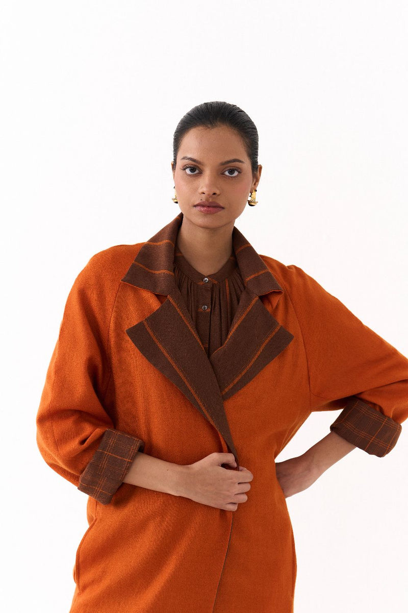 TRENCH JACKET-RUST; 
BROWN AND RUST STRIPE AND 
BROWN AND RUST CHECK mul by THREE in multi color for women Worldwide