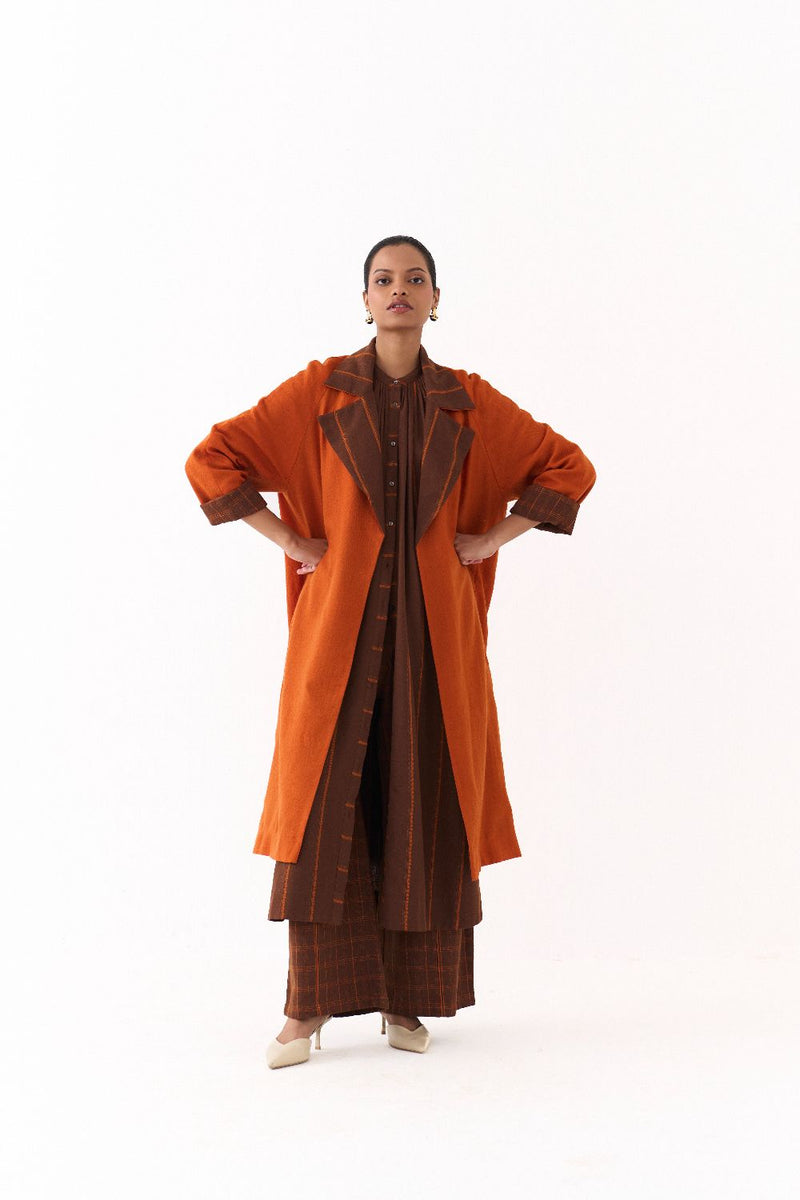 TRENCH JACKET-RUST; 
BROWN AND RUST STRIPE AND 
BROWN AND RUST CHECK mul by THREE in multi color for women Worldwide