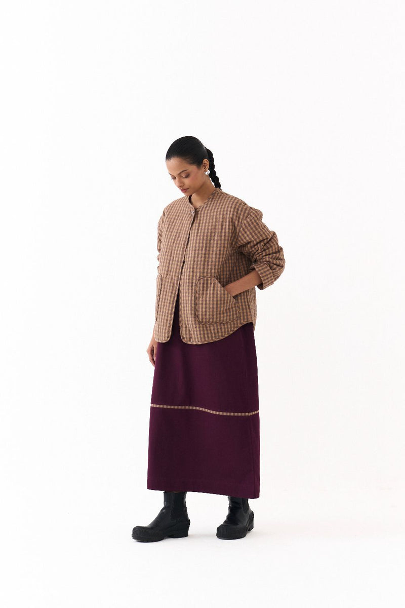 U HEM QUILTED JACKET CO ORD (SET OF 2)-CARAMEL & TWILL mul by THREE for women Worldwide