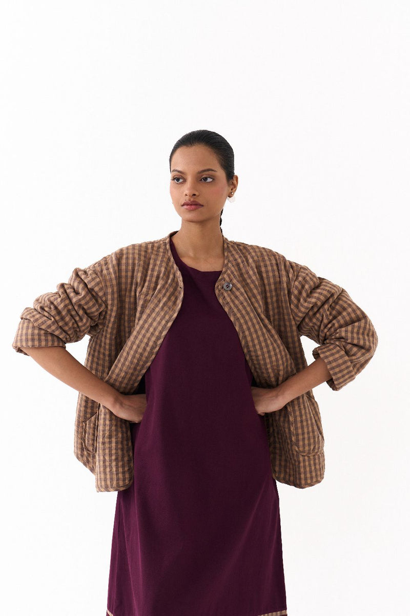 U HEM QUILTED JACKET CO ORD (SET OF 2)-CARAMEL & TWILL mul by THREE for women Worldwide
