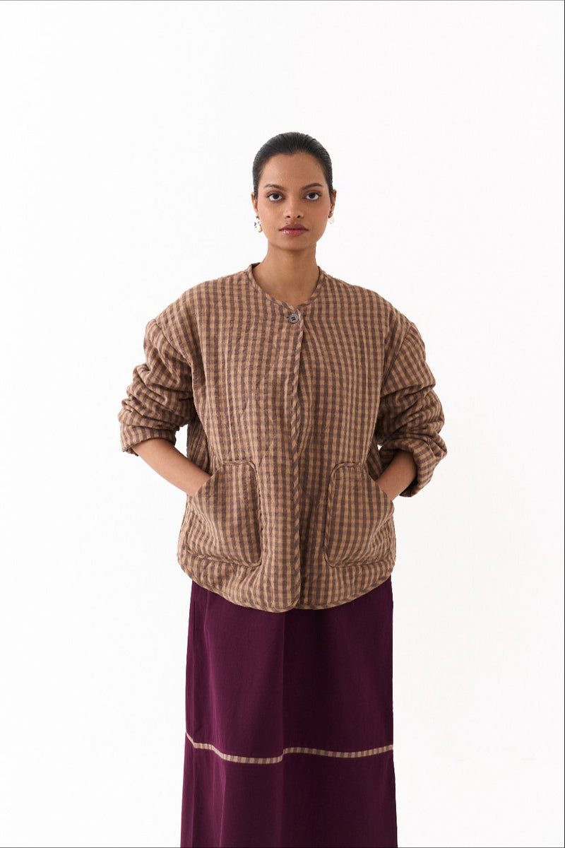 U HEM QUILTED JACKET CO ORD (SET OF 2)-CARAMEL & TWILL mul by THREE for women Worldwide