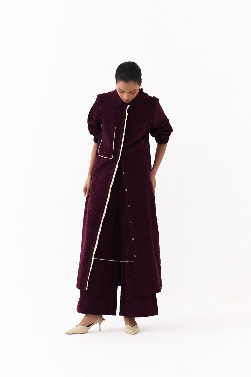 EVERYDAY U HEM SHIRT CO ORD (SET OF 2)-WINE corduroy by THREE for women Worldwide