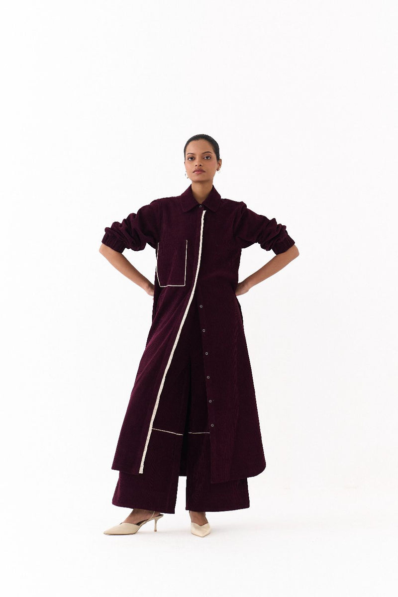 EVERYDAY U HEM SHIRT CO ORD (SET OF 2)-WINE corduroy by THREE for women Worldwide