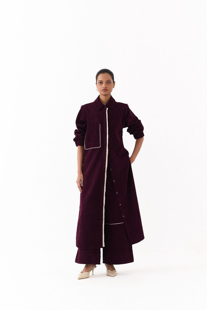 EVERYDAY U HEM SHIRT CO ORD (SET OF 2)-WINE corduroy by THREE for women Worldwide