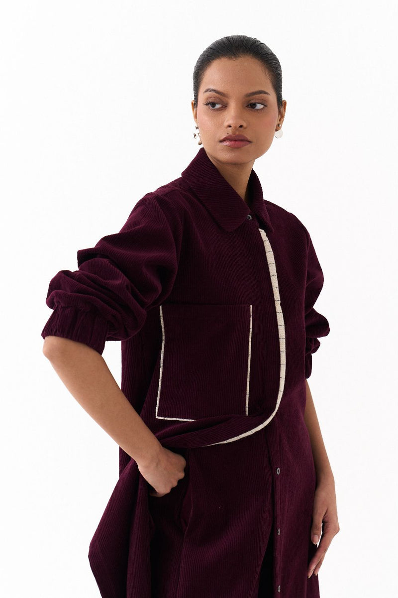 EVERYDAY U HEM SHIRT CO ORD (SET OF 2)-WINE corduroy by THREE for women Worldwide