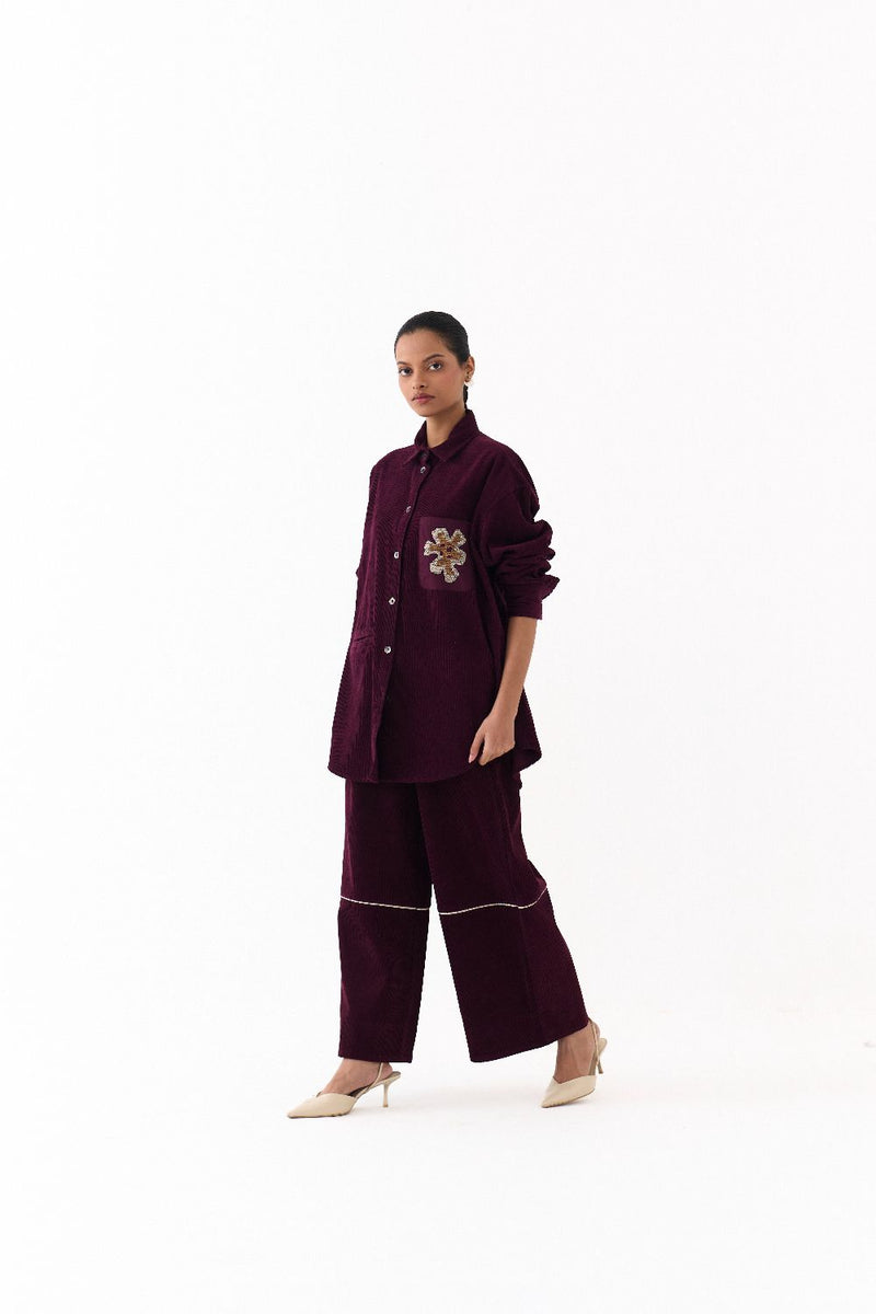 OVERSIZED U HEM SHIRT CO ORD (SET OF 2)-WINE corduroy by THREE for women Worldwide