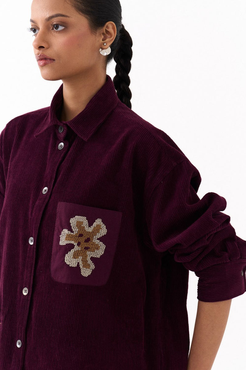 OVERSIZED U HEM SHIRT CO ORD (SET OF 2)-WINE corduroy by THREE for women Worldwide