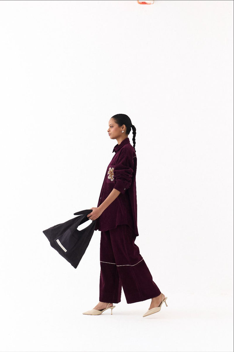 OVERSIZED U HEM SHIRT CO ORD (SET OF 2)-WINE corduroy by THREE for women Worldwide