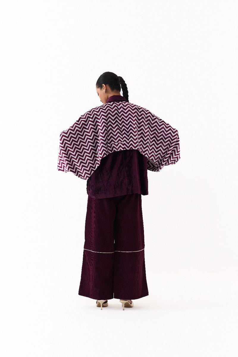 SHORT BAT SLEEVE JACKET CO ORD (SET OF 2)-WINE corduroy by THREE for women Worldwide