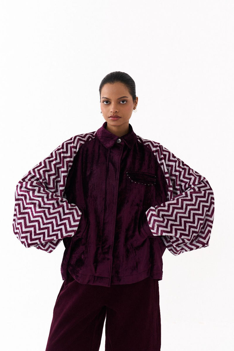 SHORT BAT SLEEVE JACKET CO ORD (SET OF 2)-WINE corduroy by THREE for women Worldwide