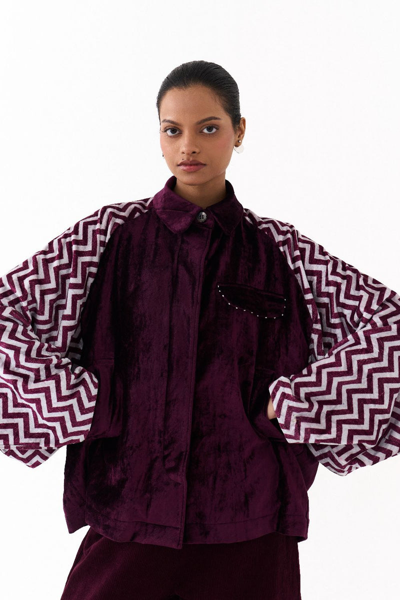 SHORT BAT SLEEVE JACKET CO ORD (SET OF 2)-WINE corduroy by THREE for women Worldwide