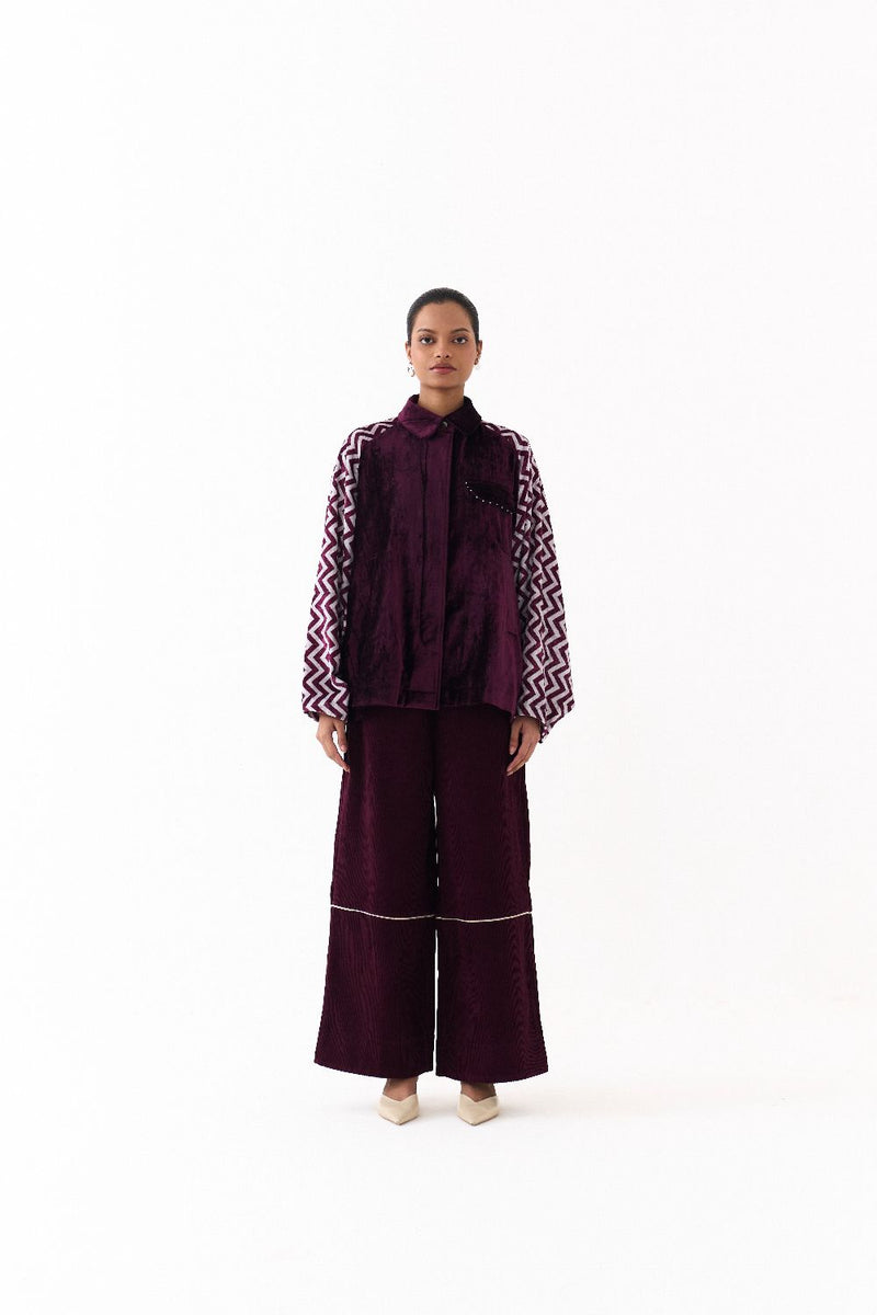 SHORT BAT SLEEVE JACKET CO ORD (SET OF 2)-WINE corduroy by THREE for women Worldwide