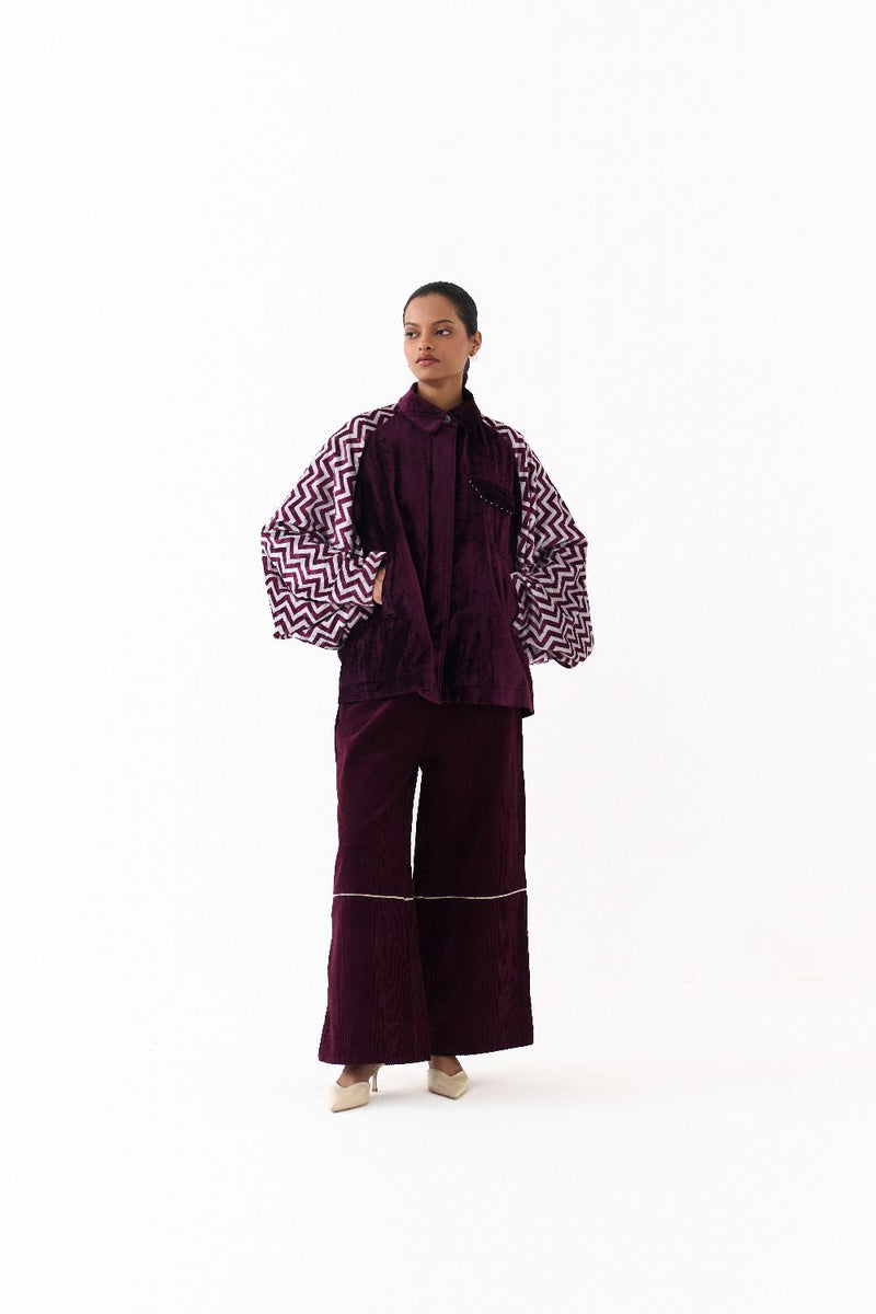SHORT BAT SLEEVE JACKET CO ORD (SET OF 2)-WINE corduroy by THREE for women Worldwide