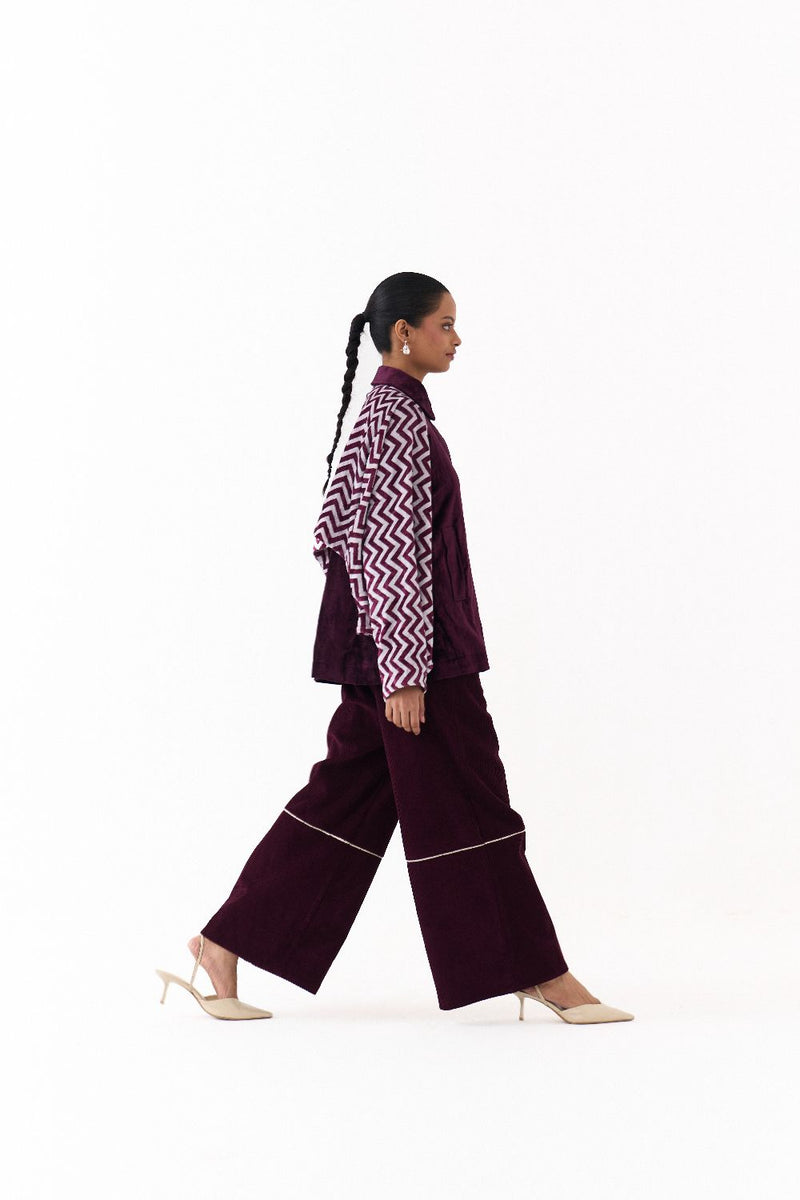 SHORT BAT SLEEVE JACKET CO ORD (SET OF 2)-WINE corduroy by THREE for women Worldwide