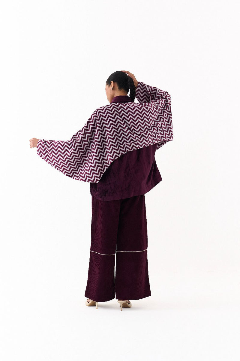 SHORT BAT SLEEVE JACKET CO ORD (SET OF 2)-WINE corduroy by THREE for women Worldwide