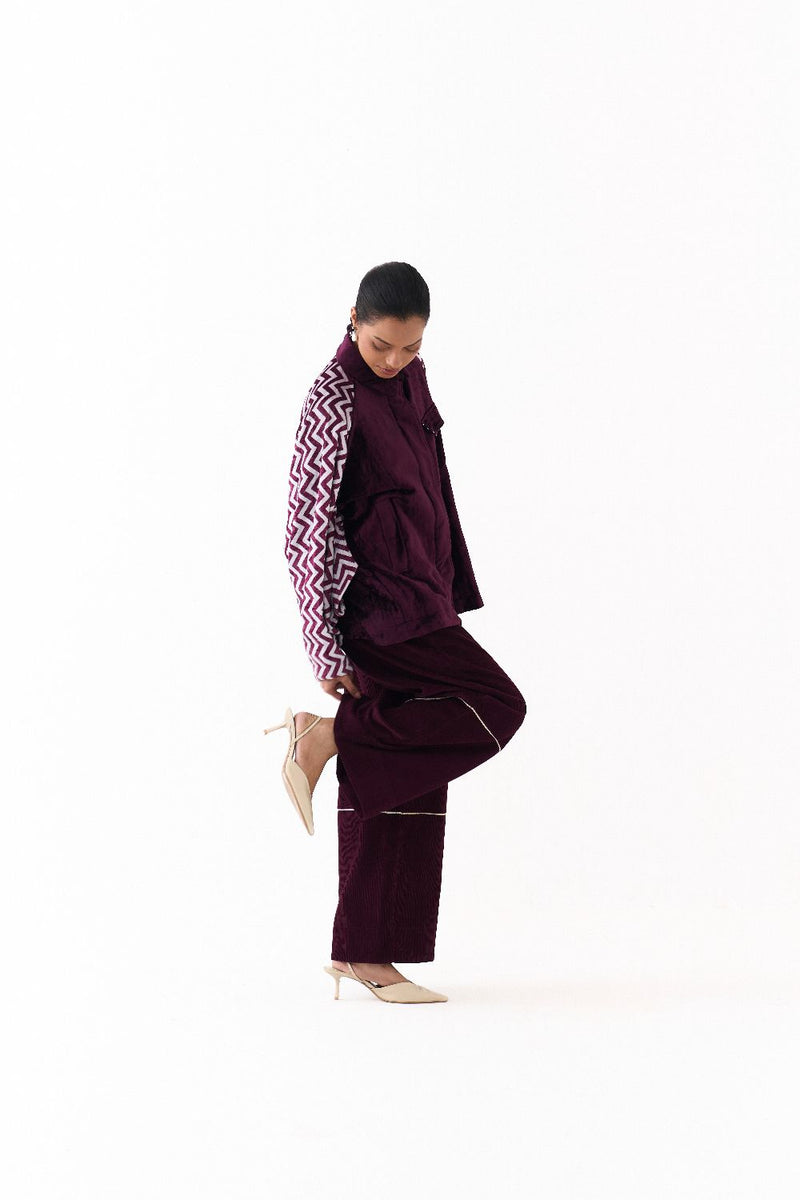 SHORT BAT SLEEVE JACKET CO ORD (SET OF 2)-WINE corduroy by THREE for women Worldwide
