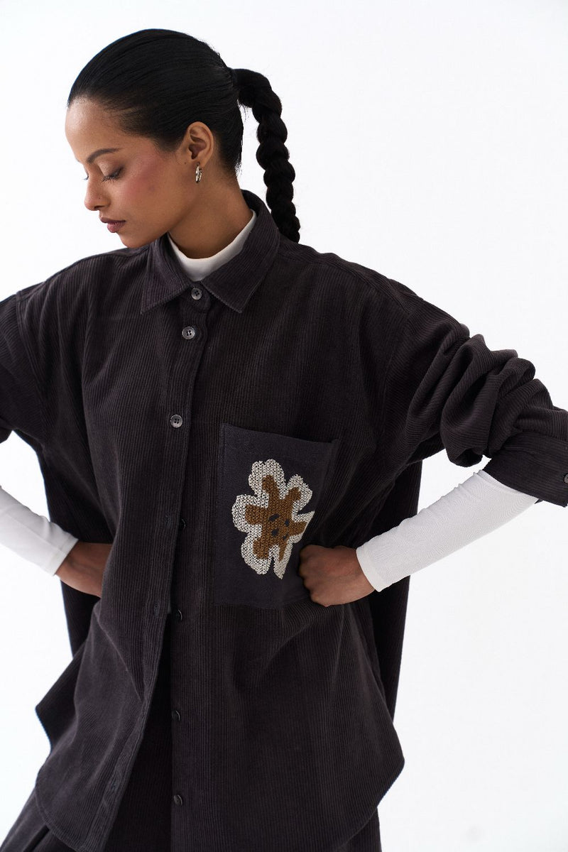 OVERSIZED U HEM SHIRT-GREY corduroy by THREE in grey color for women Worldwide