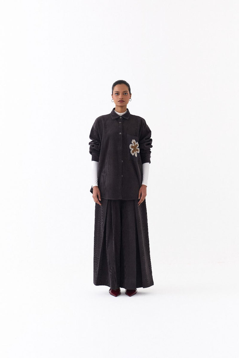 U HEM SHIRT OVERSIZED CO ORD (SET OF 2)-GREY corduroy by THREE in grey color for women Worldwide