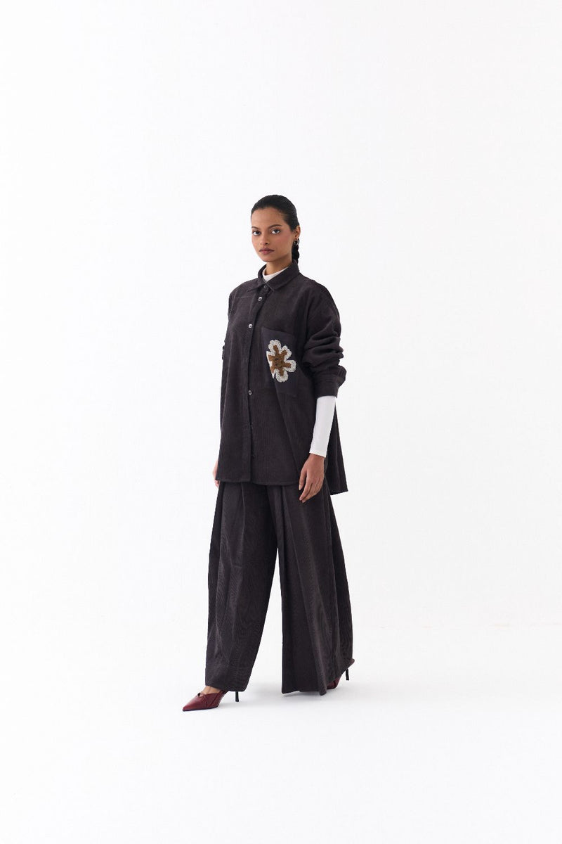 U HEM SHIRT OVERSIZED CO ORD (SET OF 2)-GREY corduroy by THREE in grey color for women Worldwide