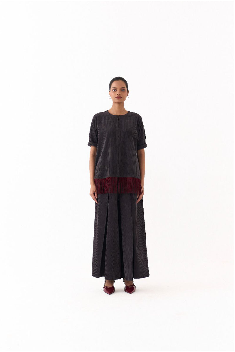 FRINGE SHACKET CO-ORD (SET OF 2)-OLIVE STRIPE corduroy by THREE in grey color for women Worldwide