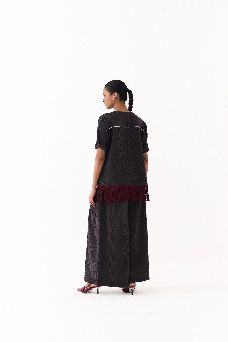 FRINGE SHACKET CO-ORD (SET OF 2)-OLIVE STRIPE corduroy by THREE in grey color for women Worldwide