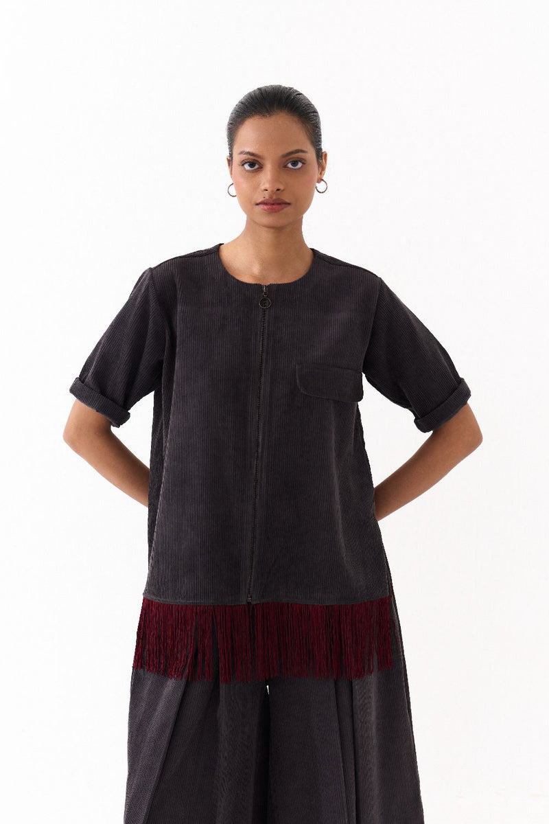 FRINGE SHACKET CO-ORD (SET OF 2)-OLIVE STRIPE corduroy by THREE in grey color for women Worldwide