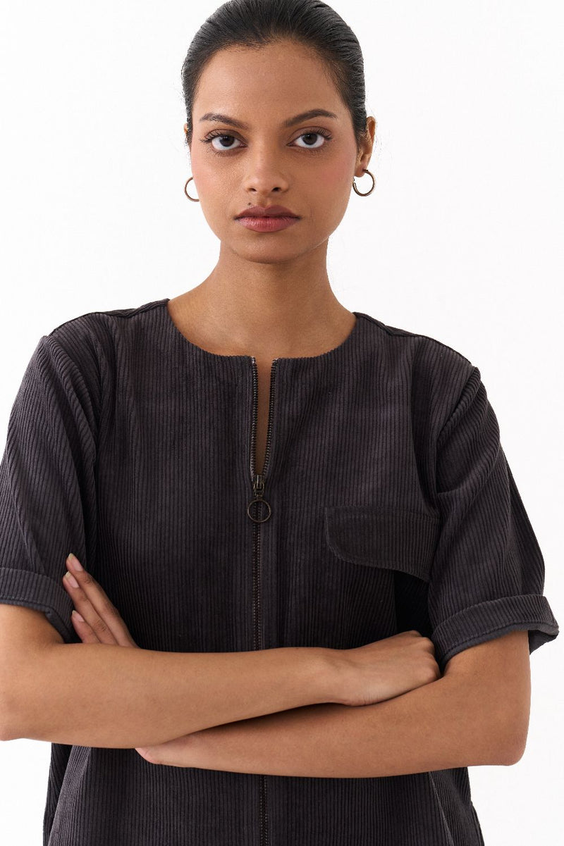 FRINGE SHACKET CO-ORD (SET OF 2)-OLIVE STRIPE corduroy by THREE in grey color for women Worldwide